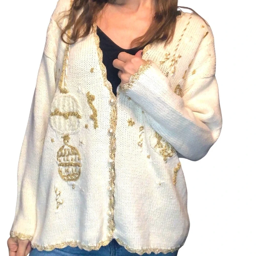 Vintage 90's Jacqueline Ferrar Sweater Cardigan Sz M Cream Gold Ornament Ramie